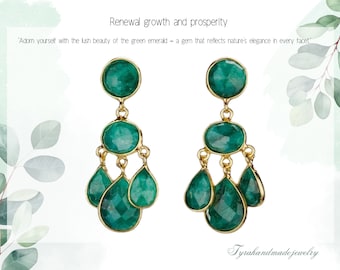 Three tier emerald earring,deep green emerald chandelier earring,emerald drop dangle earring,May birth earring,mother gift,anniversary gift