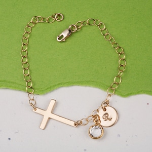 Sideways cross charm bracelet,Monogram initial nameplate bracelet,Custom bracelet,blessing,God mother gift,Mother's day gift,mother in law