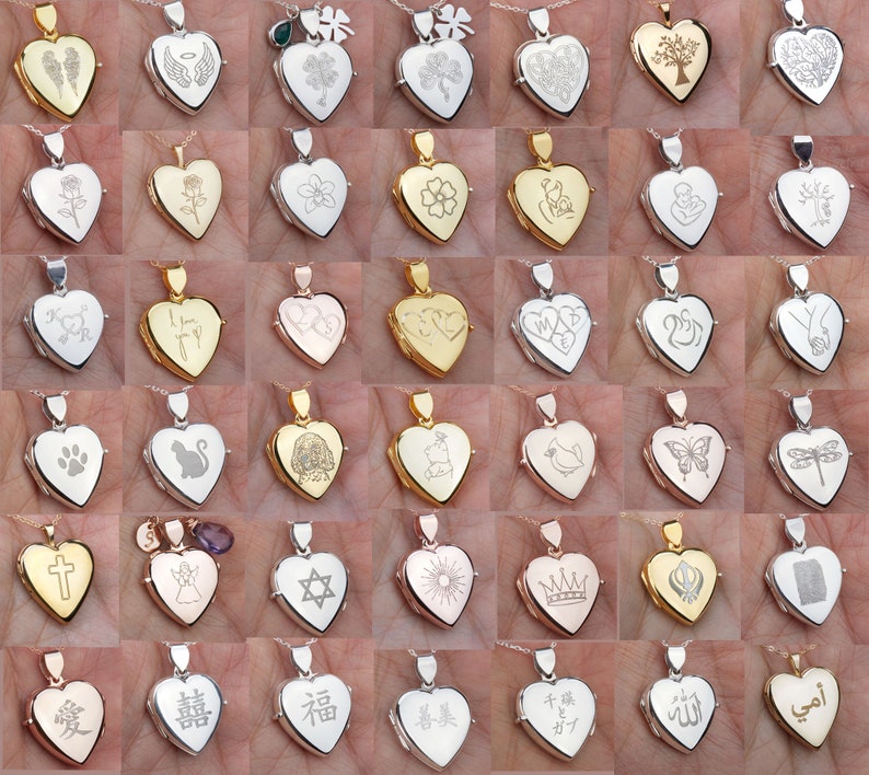 May include: A collection of silver and gold heart-shaped locket necklaces with various engraved designs, including symbols, words, and images.