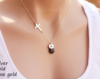 Personalized sideways cross necklace,initial necklace,hand stamped monogram necklace,custom font,confirmation gift,godmother gift,birthday