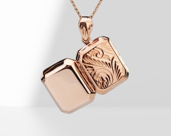 Rose Gold Vermeil Rechteck Foto Medaillon, antikes viktorianisches geätztes Kastenmedaillon, kundenspezifisches graviertes Gedenkmedaillon, Valentinstaggeschenk, kundenspezifische Anmerkung