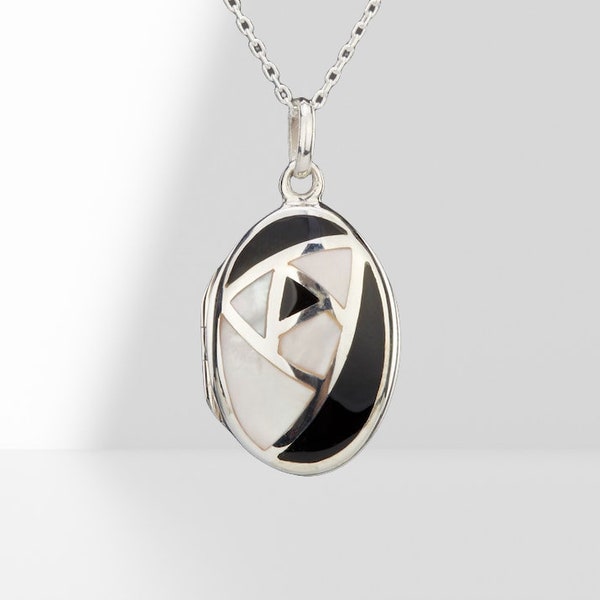 Sterling silver oval locket with mother of pearl and black onyx inlaid front,custom engrave photo locket,memorial remembrance locket