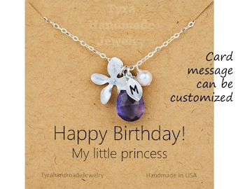 Personalized Orchid flower necklace,custom initial birthstone,Monogram leaf necklace,Bridesmaid gifts,wedding bridal jewelry,birthday gift