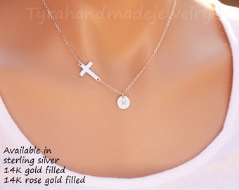 Sideways cross initial necklace,personalized cross necklace,hand stamped,custom font monogram,faith jewelry,baptism gift,custom note card