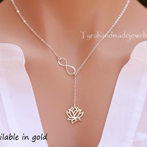 Collana di loto infinito in argento sterling, lariat infinito di loto, collana madre, figura otto, collana di fiori, gioielli di nozze, biglietto da visita personalizzato