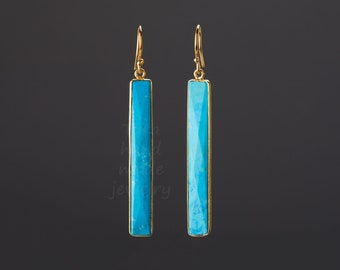 Long Turquoise Dangle Earrings, Gold Plated, Gift for Her
