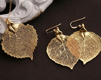 Real Aspen leaf jewelry set,Fall Autumn Wedding jewelry,Baby aspen leaf,Gold filled,mothers gift,birthday,bridesmaid gift,real leaf earrings