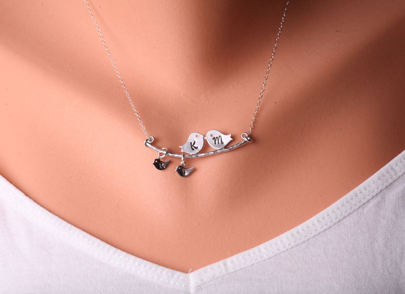 Family Bird Initial necklace,Family monogram Necklace,kissing bird,hand stamped,Mother Jewelry,Grandma gift,Anniversary gift,Mom and Baby image 4