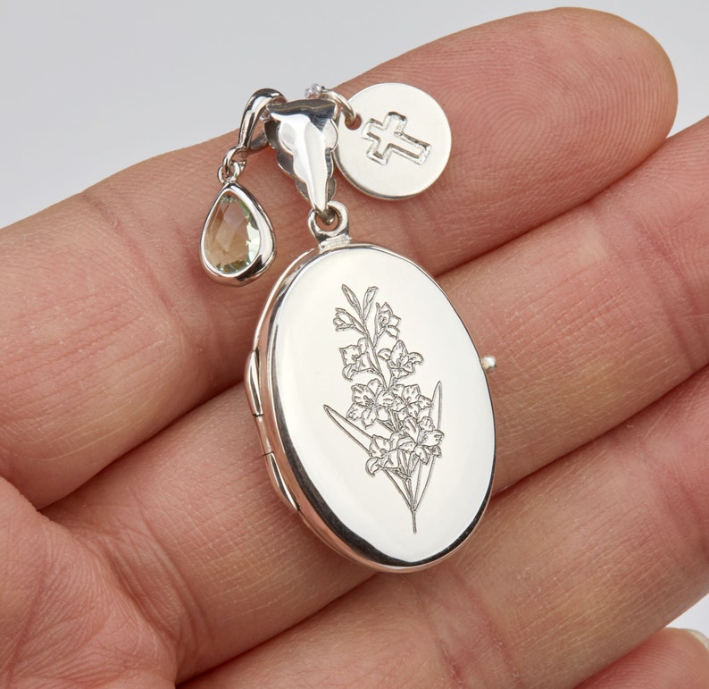 Sterling Silver oval locket necklace with photo,memorial necklace,custom birthstone,engraved birthflower necklace,wedding locket,mother gift image 4