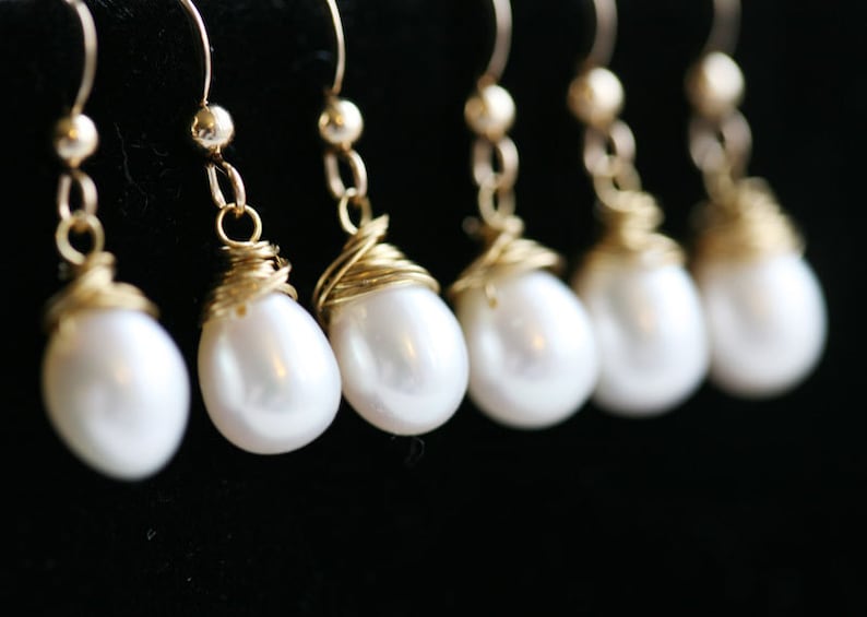 Dainty small Wire wrapped freshwater white pearl earrings,everyday jewelry,bridesmaid gifts,14k gold filled/sterling silver,Mother jewelry, image 2