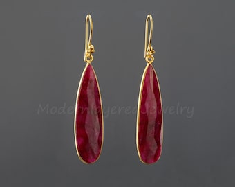 Long ruby teardrop earring,deep red ruby earring,drop dangle earrings,large faceted stone,July birthday gift,mother gift,red dress earrings