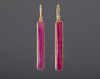 Long Rectangle Ruby Earrings, Gold Vermeil, July Birthday Gift
