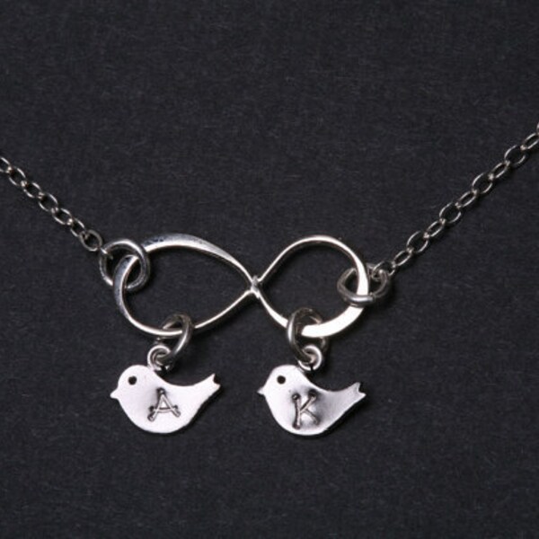 Personalized Infinity necklace,baby bird initial necklace,kid initials,hand stamped monogram,Mother's Day gift,grandma gift,family initials