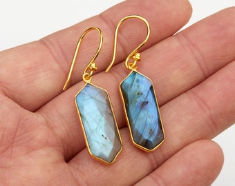 Long hexagon labradorite earring,blue hue labradorite dangle earring,February birthday gift,mother gift,anniversary