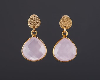 Two tier pink chalcedony earring,real gemstone earring,faceted pink chalcedony earring,teardrop earring,gold circle top post,mother gift