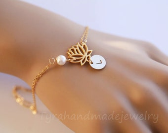 Gold Lotus Bracelet,initial bracelet,flower jewelry,custom font monogram,custom birthstone,bridesmaid gift,wedding jewelry gift,flower girl