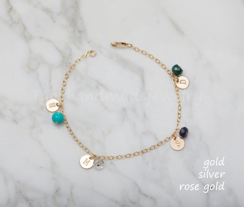 Grandma jewelry,Personalized initial stone bracelet,Multiple initial disc/brithstone 14k gold bracelet for Super Grandma,Grandmother gift image 7