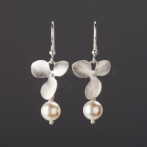 Orchid flower and pearl earrings,Sterling Silver Earrings,Wedding jewelry,Bridesmaid gift,birthday gift,flower girl gift,custom jewelry card image 1