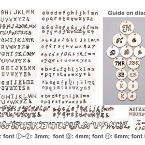 May include: A guide to different font sizes and disc sizes for personalized jewelry. The image shows a variety of font sizes and disc sizes, with corresponding measurements in inches. The font sizes range from 2.5 mm to 6 mm, and the disc sizes range from 5/16 inch to 1/2 inch. The image also includes a chart with the Greek alphabet in 2.5 mm font.