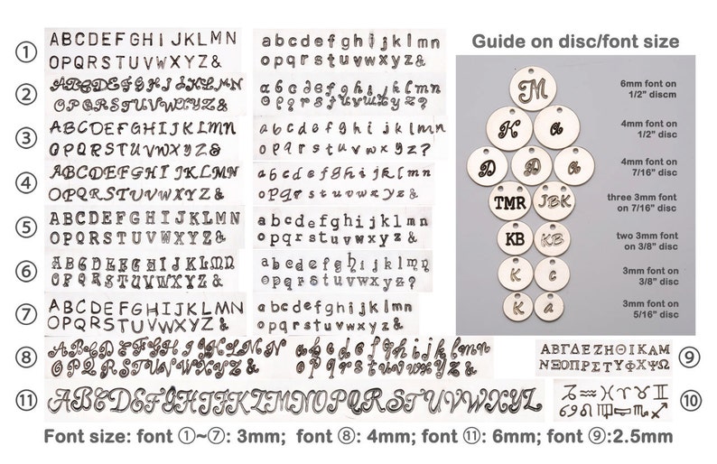 May include: A guide to different font sizes and disc sizes for personalized jewelry. The image shows a variety of font sizes and disc sizes, with corresponding measurements in inches. The font sizes range from 2.5 mm to 6 mm, and the disc sizes range from 5/16 inch to 1/2 inch. The image also includes a chart with the Greek alphabet in 2.5 mm font.