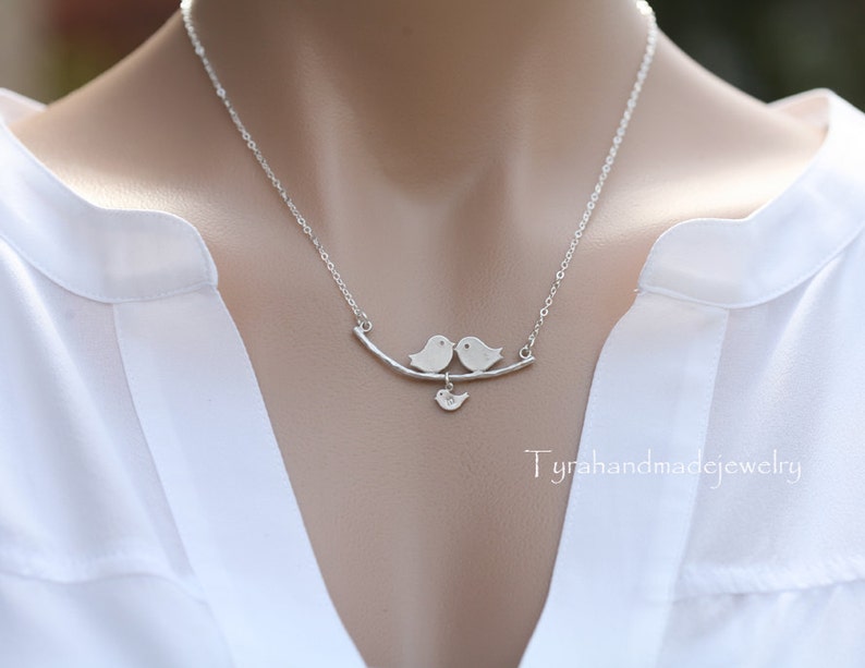 Family Bird Initial necklace,Family monogram Necklace,kissing bird,hand stamped,Mother Jewelry,Grandma gift,Anniversary gift,Mom and Baby image 2