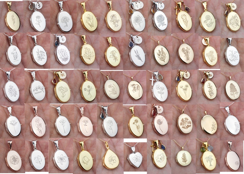 May include: A collection of oval-shaped silver and gold locket pendants with engraved floral designs. Each locket has a small loop at the top for attaching a chain.