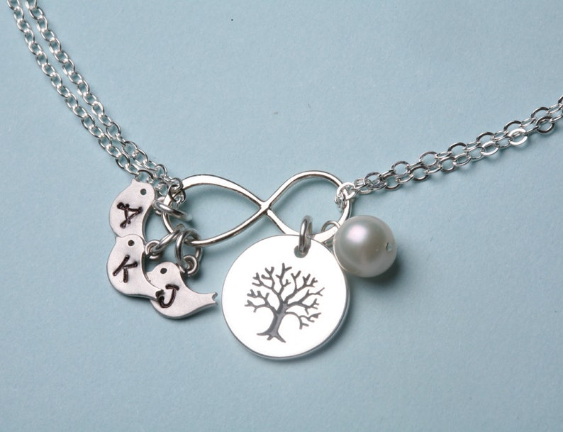 Family tree infinity bracelet,bird initial bracelet,Tree of life,kid monograms,hand stamped,Mother gift,Grandma gift,Personalized note card image 2