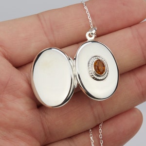 Sterling silver oval photo locket with amber,custom engraved memorial oval locket with photo,wedding locket gift,anniversary locket