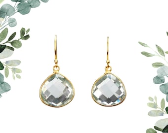 Large aqua tinted quartz earrings,faceted gemstone earrings,teardrop aqua quartz earrings,birthday gift,custom jewelry card