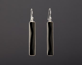 Black Onyx Long Bar Earrings, Gold Vermeil Dangle Earrings