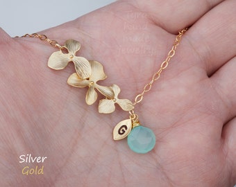 Personalized Orchid flower Bracelet,custom birthstone,stamped initial leaf,Flower girl gift,wedding Jewelry gift,monogram tag birthday gift