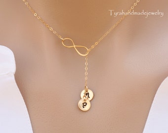 Gold Infinity initial necklace,Monogram necklace,custom font,Sideways infinity lariat,Friendship forever,family initials,bridesmaid necklace