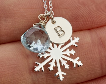 Personalized snowflake necklace with gemstone and initial charm,hand stamped Initial necklace,custom birthstone,Winter wedding jewelry gift
