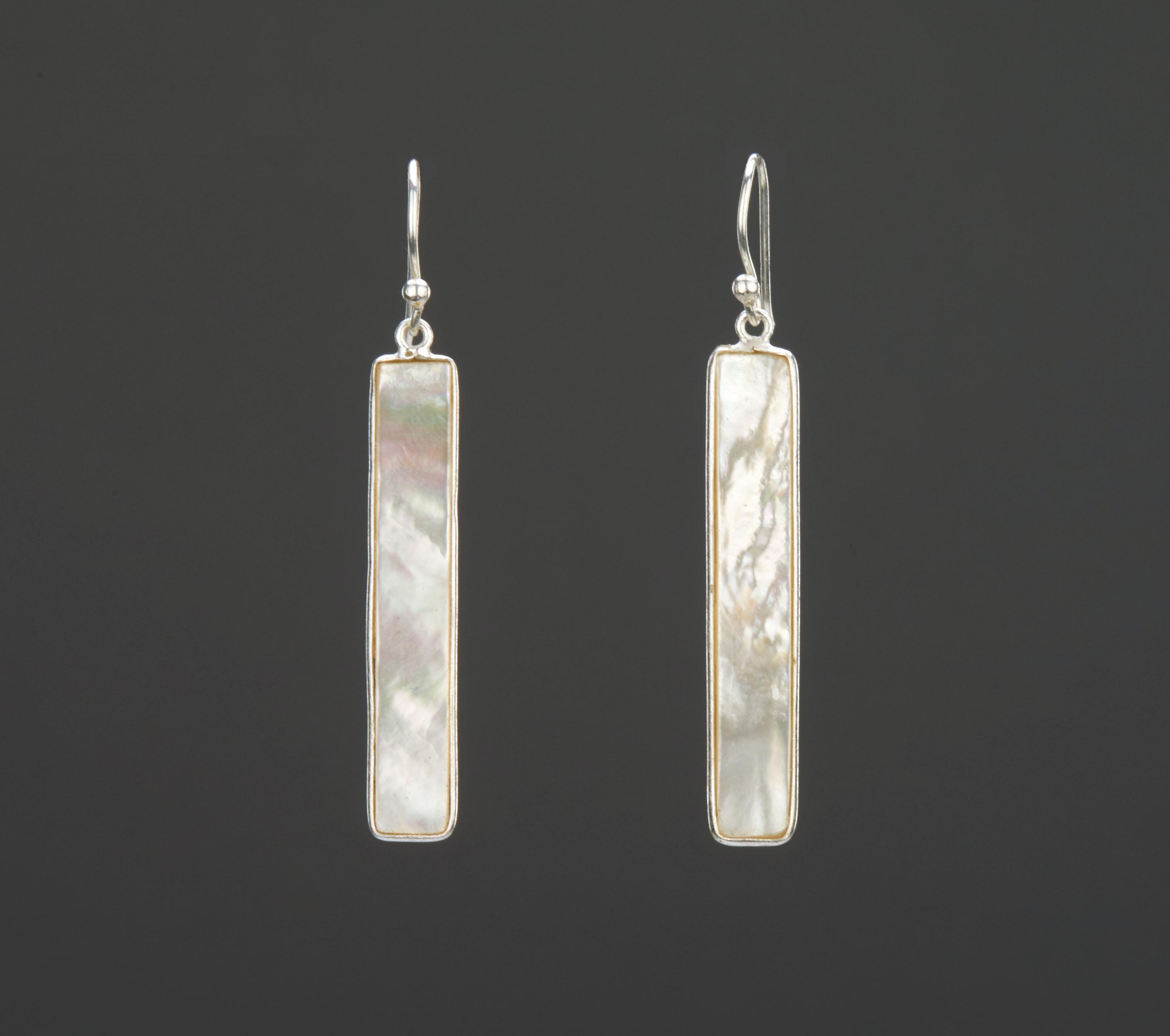 Mother of Pearl Long Narrow Bar Earring in Silver Bezel,long