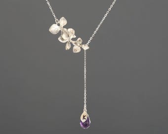 Custom Sterling Silver Orchid Lariat Necklace, Birthstone Initial Jewelry