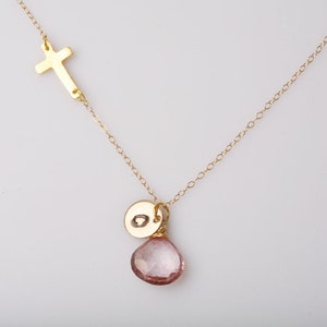 Personalized sideways cross necklace,Gold initial necklace,custom font monogram,Blessed Christian faith gift,custom birthstone,birthday gift