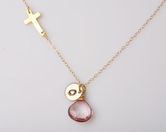 Personalized sideways cross necklace,Gold initial necklace,custom font monogram,Blessed Christian faith gift,custom birthstone,birthday gift