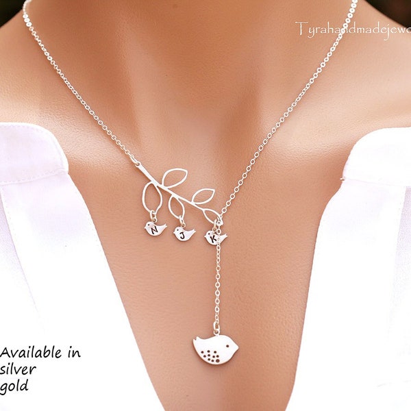 Personalized Initial Bird Lariat Necklace, Sterling Silver Family Tree Jewelry