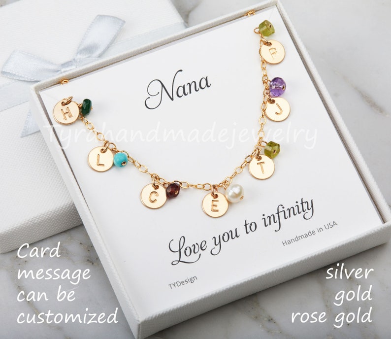 Grandma jewelry,Personalized initial stone bracelet,Multiple initial disc/brithstone 14k gold bracelet for Super Grandma,Grandmother gift image 5