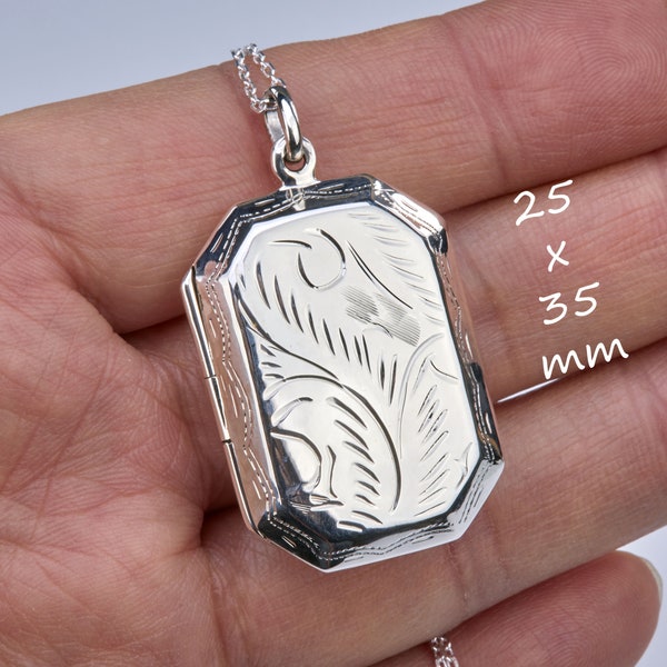 Very large sterling silver rectangle photo locket,Antique Victorian etched box locket,engraved memorial locket,octagon box locket,man locket