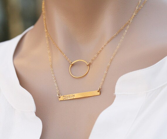 Set of Two,double Layered Eternity Circle Bar Necklace,silver,gold