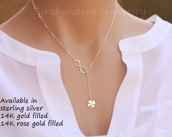 Vier Blatt Klee Infinity Lariat Y Halskette, Kleeblatt Halskette, Infinity Kleeblatt, beste Freundin Geschenk, St. Patricks Day Geschenk, Schwesternschaft, Glücksbringer