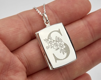 Engraved rectangle sterling silver locket with photo,custom engraved book locket,Memorial photo locket,Memory photo locket,Mothers day gift