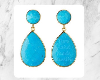 Two tier turquoise earring,long turquoise dangle earring,Large pear turquoise earring,December birthday gift,mother's day gift,anniversary