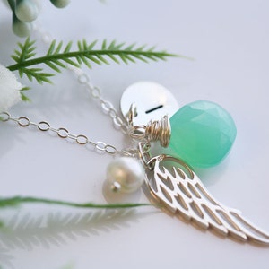 Sterling Silver Angel wing Necklace,custom initial stone,memorial wing,remembrance wing,family loss necklace,Wedding,Flower girl,custom note