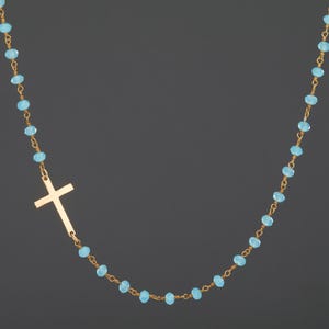 Collar de cadena de cuentas de piedra con cruz lateral, cuentas de turquesa, collar de cuentas de calcedonia peruana, piedra personalizada, regalo para madre, regalo de cumpleaños para amiga