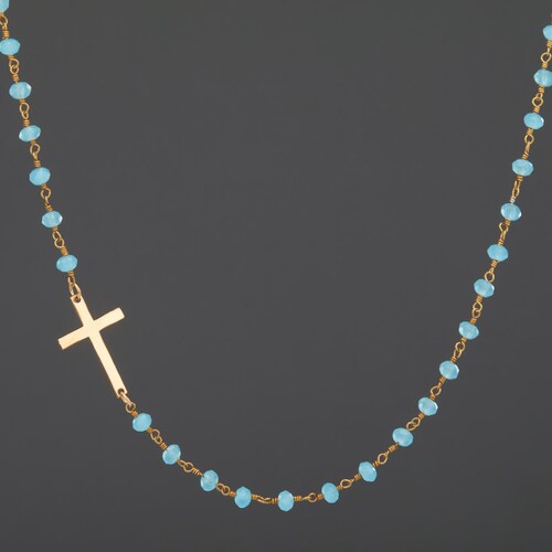 Beaded stone chain necklace with sideways cross,turquoise bead,peru chalcedony bead necklace,custom stone,Mother gift,friend birthday gift