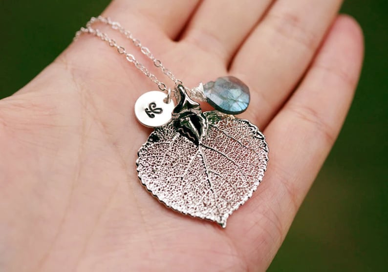 Puede incluir: Un collar de plata con un delicado colgante de hoja de plata, un peque&ntilde;o disco de plata con la inicial "L" grabada y una piedra preciosa azul.