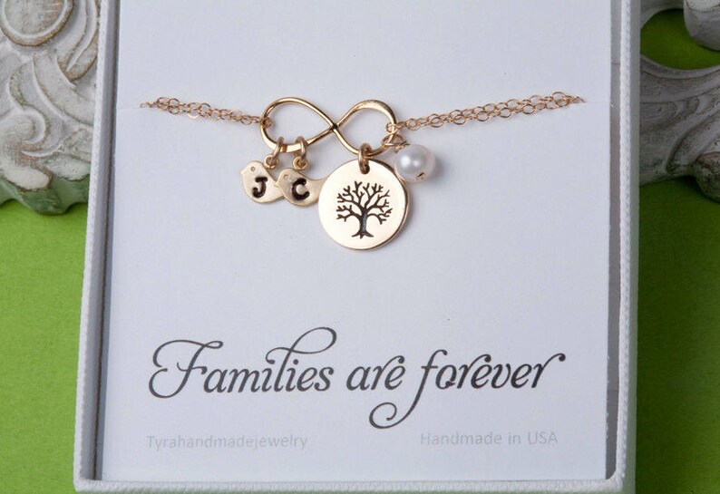 Family tree infinity bracelet,bird initial bracelet,Tree of life,kid monograms,hand stamped,Mother gift,Grandma gift,Personalized note card image 3