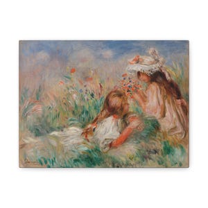 Girls in the Grass Arranging a Bouquet by Pierre-Auguste Renoir - Vintage Floral Matte Canvas Print, Kids Room Art, Gift for Mothers
